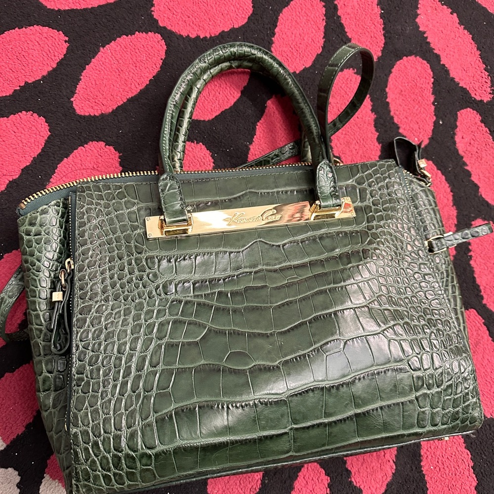 Kenneth Cole Green Crocodile Embossed Satchel Leather Bag
